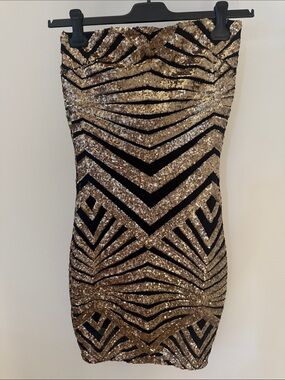 Entry Gold Sequin Strapless Mini Dress with Black Pattern